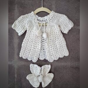 Handmade White Crochet Baby Sweater and Booties